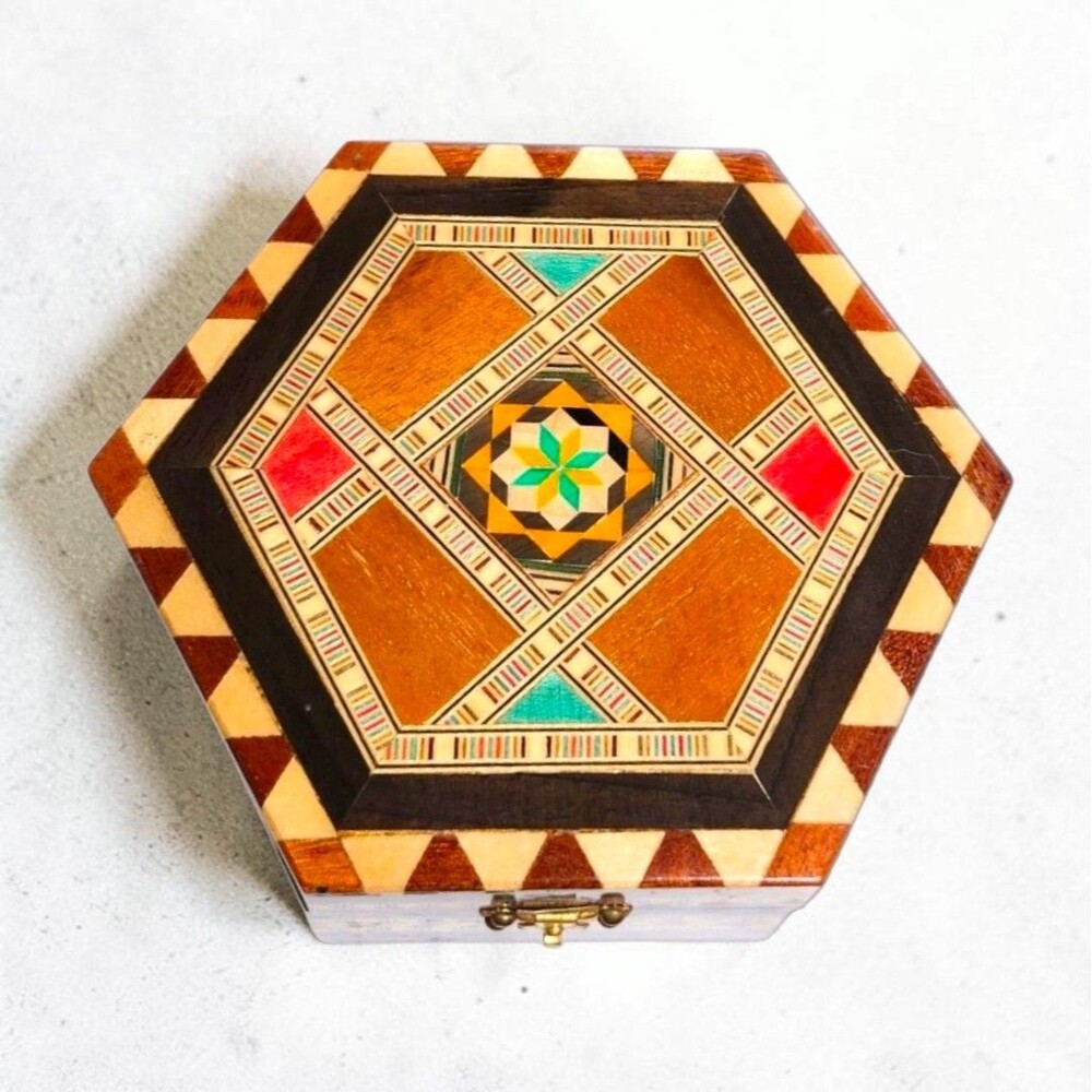 Vintage Taracea Marquetry Jewelry Box Granada Spain Inlaid Wood Hexagon Gift